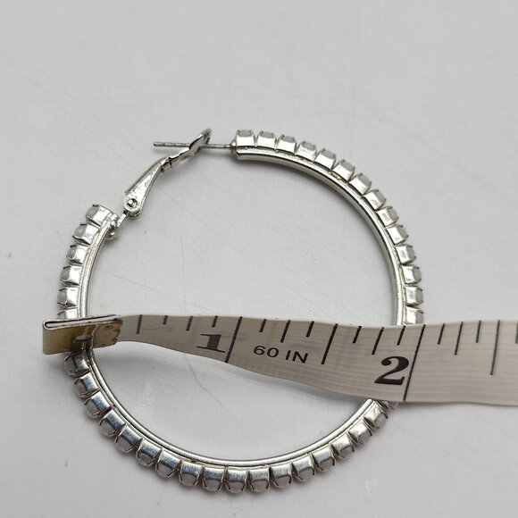 Silver Tone Faux Pearl Pave Hoop Earrings 2-Inch Diameter For Women - Picture 4 of 4